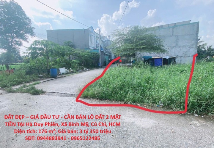 ĐẤT ĐẸP – GIÁ ĐẦU TƯ - CẦN BÁN LÔ ĐẤT 2 MẶT TIỀN TẠI Hà Duy Phiên, Xã Bình Mỹ, Củ Chi, HCM