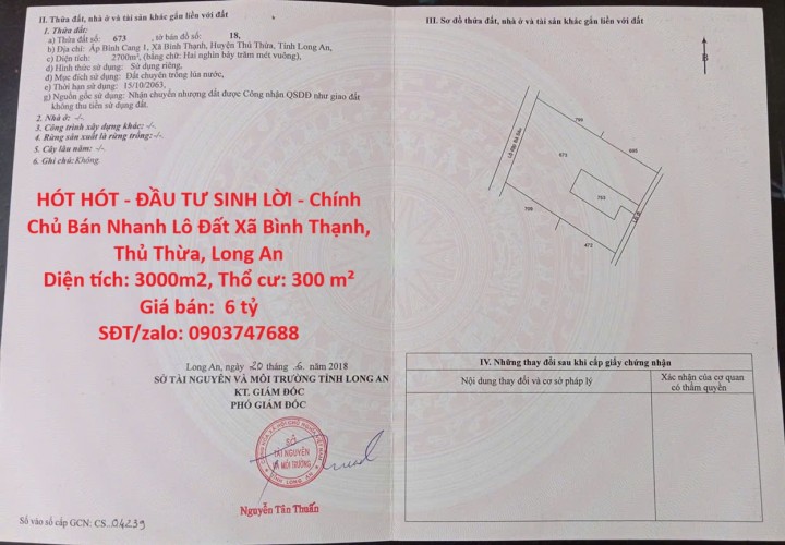 HÓT HÓT - ĐẦU TƯ SINH LỜI - Chính Chủ Bán Nhanh Lô Đất Xã Bình Thạnh, Thủ Thừa, Long An