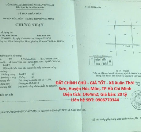 ĐẤT CHÍNH CHỦ - GIÁ TỐT - Xã Xuân Thới Sơn, Huyện Hóc Môn, TP Hồ Chí Minh