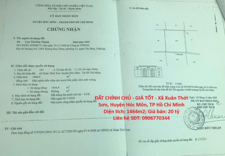ĐẤT CHÍNH CHỦ - GIÁ TỐT - Xã Xuân Thới Sơn, Huyện Hóc Môn, TP Hồ Chí Minh