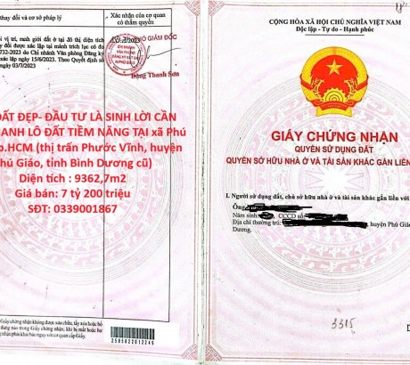 HOT ĐẤT ĐẸP- ĐẦU TƯ LÀ SINH LỜI CẦN BÁN NHANH LÔ ĐẤT TIỀM NĂNG TẠI huyện Phú Giáo, tỉnh Bình Dương