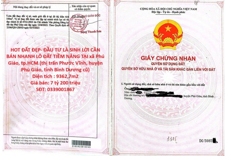 HOT ĐẤT ĐẸP- ĐẦU TƯ LÀ SINH LỜI CẦN BÁN NHANH LÔ ĐẤT TIỀM NĂNG TẠI huyện Phú Giáo, tỉnh Bình Dương