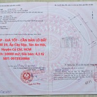 VỊ TRÍ ĐẸP - GIÁ TỐT - CẦN BÁN LÔ ĐẤT CLN TẠI Tổ 19, Ấp Cây Sộp, Tân An Hội, Huyện Củ Chi, HCM