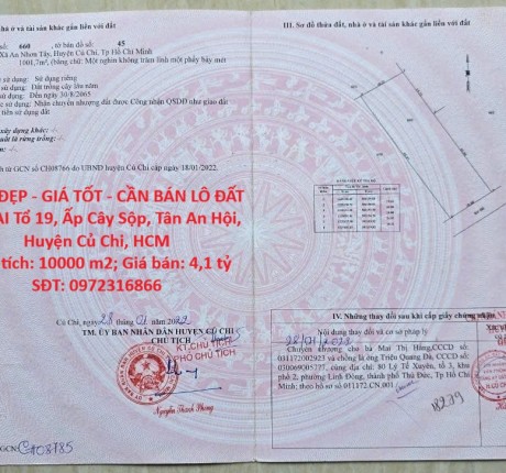 VỊ TRÍ ĐẸP - GIÁ TỐT - CẦN BÁN LÔ ĐẤT CLN TẠI Tổ 19, Ấp Cây Sộp, Tân An Hội, Huyện Củ Chi, HCM