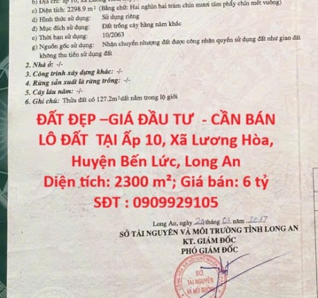ĐẤT ĐẸP –GIÁ ĐẦU TƯ - CẦN BÁN LÔ ĐẤT TẠI Ấp 10, Xã Lương Hòa, Huyện Bến Lức, Long An