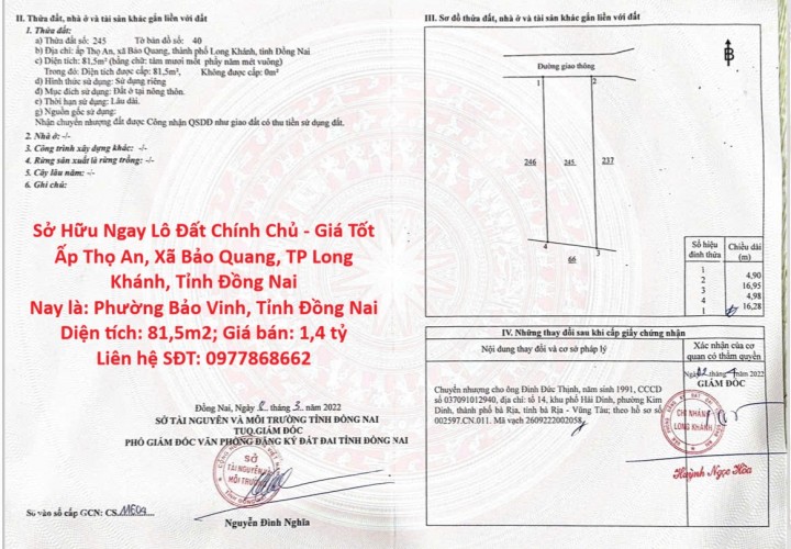 Sở Hữu Ngay Lô Đất Chính Chủ - Giá Tốt Ấp Thọ An, Xã Bảo Quang, TP Long Khánh, Tỉnh Đồng Nai