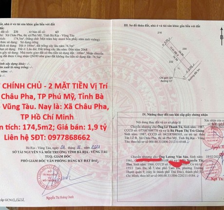 ĐẤT CHÍNH CHỦ - 2 MẶT TIỀN Vị Trí Xã Châu Pha, TP Phú Mỹ, Tỉnh Bà Rịa - Vũng Tàu