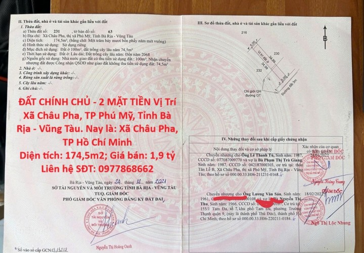 ĐẤT CHÍNH CHỦ - 2 MẶT TIỀN Vị Trí Xã Châu Pha, TP Phú Mỹ, Tỉnh Bà Rịa - Vũng Tàu