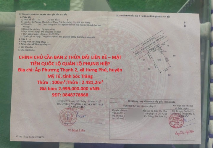 CHÍNH CHỦ CẦn BÁN 2 THỬA ĐẤT LIỀN KỀ – MẶT TIỀN QUỐC LỘ QUẢN LỘ PHỤNG HIỆP