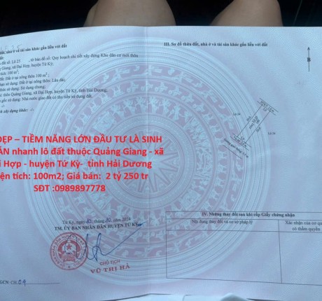 ĐẤT ĐẸP – TIỀM NĂNG LỚN ĐẦU TƯ LÀ SINH LỜI BÁN nhanh lô đất tại huyện Tứ Kỳ tỉnh Hải Dương