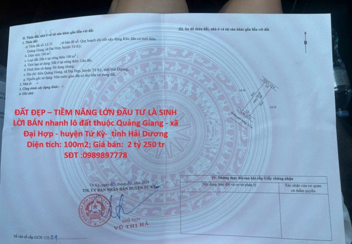 ĐẤT ĐẸP – TIỀM NĂNG LỚN ĐẦU TƯ LÀ SINH LỜI BÁN nhanh lô đất tại huyện Tứ Kỳ tỉnh Hải Dương