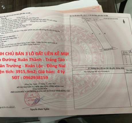 CHÍNH CHỦ BÁN 3 LÔ ĐẤT LIỀN KỀ Mặt Tiền Đường Xuân Thành - Trảng Táo - Xuân Trường - Xuân Lộc - Đồng Nai