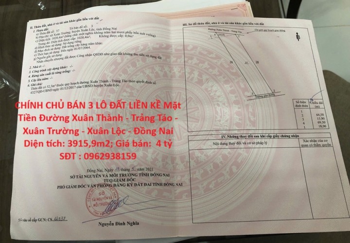 CHÍNH CHỦ BÁN 3 LÔ ĐẤT LIỀN KỀ Mặt Tiền Đường Xuân Thành - Trảng Táo - Xuân Trường - Xuân Lộc - Đồng Nai