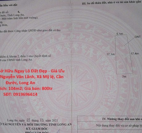 Nhanh Tay Sở Hữu Ngay Lô Đất Đẹp - Giá Ưu Đãi Đường Nguyễn Văn Lãnh, Xã Mỹ lệ, Cần Đước, Long An