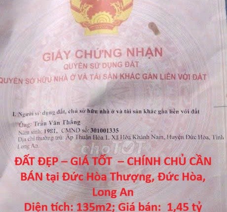 ĐẤT ĐẸP – GIÁ TỐT – CHÍNH CHỦ CẦN BÁN tại Đức Hòa Thượng, Đức Hòa, Long An