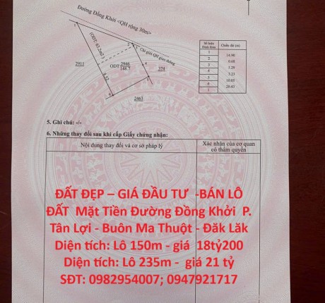 ĐẤT ĐẸP – GIÁ ĐẦU TƯ -BÁN LÔ ĐẤT Mặt Tiền Đường Đồng Khởi P. Tân Lợi - Buôn Ma Thuột - Đăk Lăk