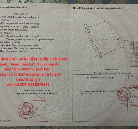 ĐẤT CHÍNH CHỦ - MẶT TIỀN Tại Ấp 3 Xã Nhựt Chánh, Huyện Bến Lức, Tỉnh Long An