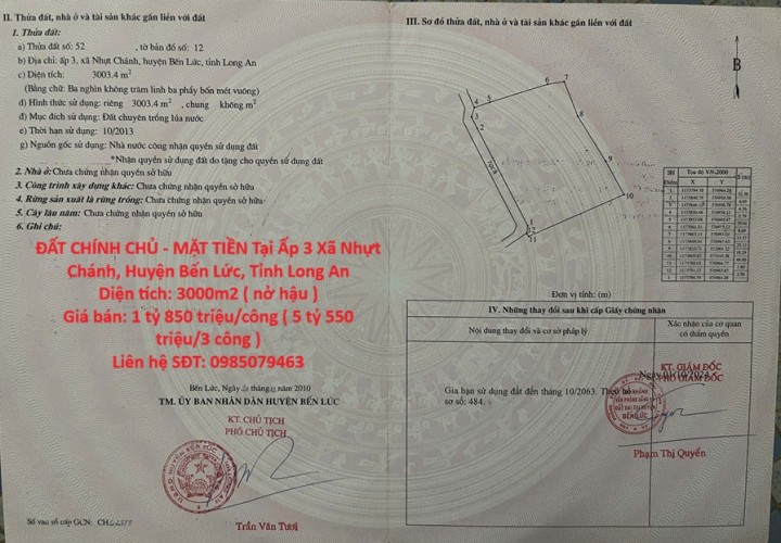 ĐẤT CHÍNH CHỦ - MẶT TIỀN Tại Ấp 3 Xã Nhựt Chánh, Huyện Bến Lức, Tỉnh Long An