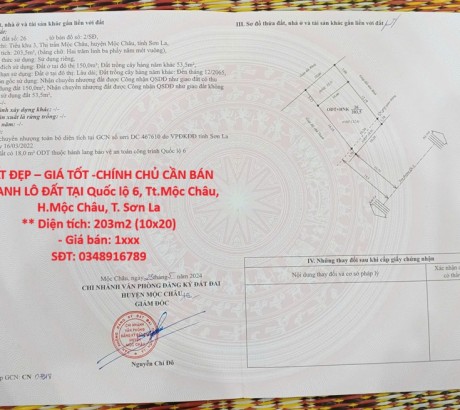 ĐẤT ĐẸP – GIÁ TỐT -CHÍNH CHỦ CẦN BÁN NHANH LÔ ĐẤT TẠI Quốc lộ 6, Tt.Mộc Châu, H.Mộc Châu, T. Sơn La