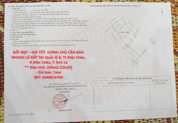 ĐẤT ĐẸP – GIÁ TỐT -CHÍNH CHỦ CẦN BÁN NHANH LÔ ĐẤT TẠI Quốc lộ 6, Tt.Mộc Châu, H.Mộc Châu, T. Sơn La
