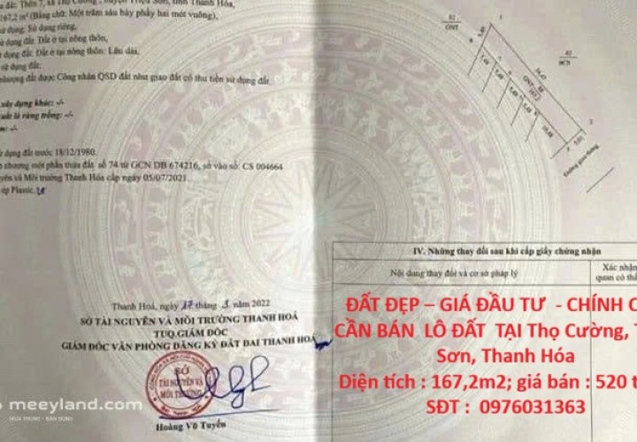 ĐẤT ĐẸP – GIÁ ĐẦU TƯ  - CHÍNH CHỦ CẦN BÁN  LÔ ĐẤT  TẠI Thọ Cường, Triệu Sơn, Thanh Hóa