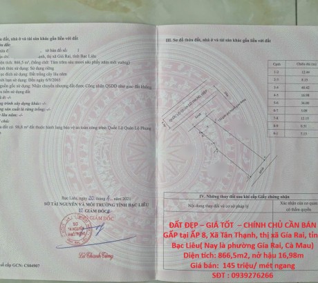 ĐẤT ĐẸP – GIÁ TỐT – CHÍNH CHỦ CẦN BÁN GẤP tại Xã Tân Thạnh, thị xã Gía Rai, tỉnh Bạc Liêu