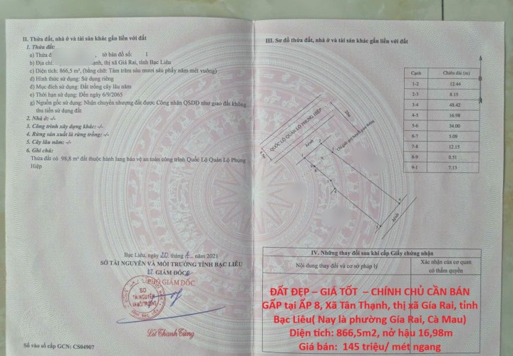 ĐẤT ĐẸP – GIÁ TỐT  – CHÍNH CHỦ CẦN BÁN GẤP tại  Xã Tân Thạnh, thị xã Gía Rai, tỉnh Bạc Liêu