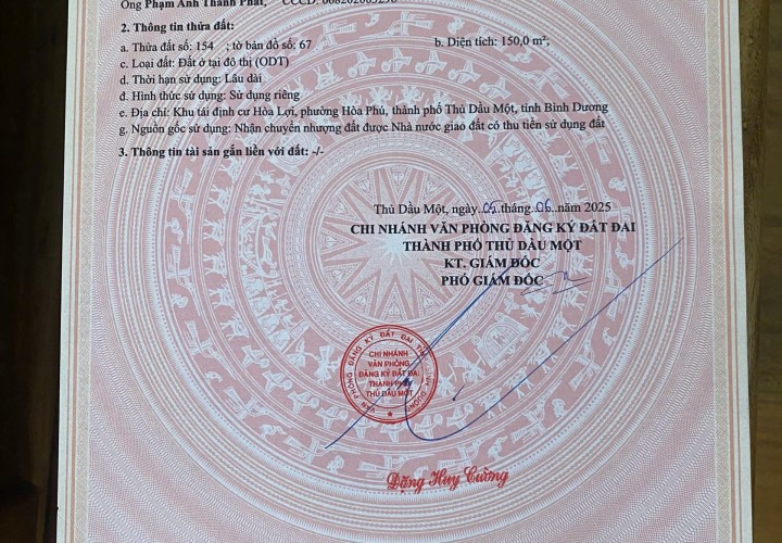 ĐẤT ĐẸP – GIÁ TỐT  – CHÍNH CHỦ CẦN BÁN Tại Đường D9, Phường Hòa Phú, Tp Thủ Dầu Một, Bình Dương