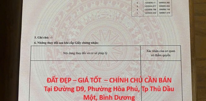 ĐẤT ĐẸP – GIÁ TỐT – CHÍNH CHỦ CẦN BÁN Tại Đường D9, Phường Hòa Phú, Tp Thủ Dầu Một, Bình Dương