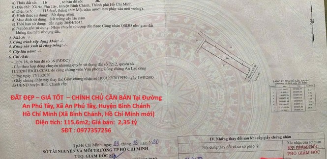 ĐẤT ĐẸP – GIÁ TỐT – CHÍNH CHỦ CẦN BÁN Tại Đường An Phú Tây, Xã An Phú Tây, Huyện Bình Chánh
