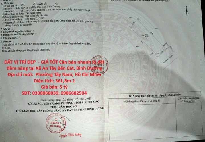 ĐẤT VỊ TRÍ ĐẸP  - GIÁ TỐT Cần bán nhanh lô đất tiềm năng tại Xã An Tây Bến Cát, Bình Dương