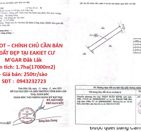HOT HOT – CHÍNH CHỦ CẦN BÁN LÔ ĐẤT ĐẸP TẠI EAKIET CƯ M'GAR Đăk Lăk