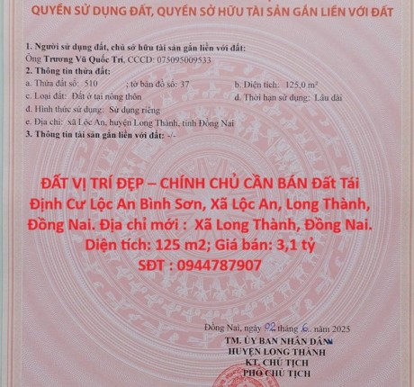 ĐẤT VỊ TRÍ ĐẸP – CHÍNH CHỦ CẦN BÁN Đất Tái Định Cư Lộc An Bình Sơn, Xã Lộc An, Long Thành, Đồng Nai.