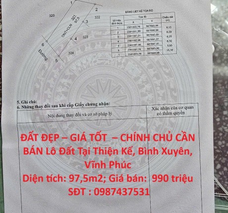 ĐẤT ĐẸP – GIÁ TỐT – CHÍNH CHỦ CẦN BÁN Lô Đất Tại Thiện Kế, Bình Xuyên, Vĩnh Phúc