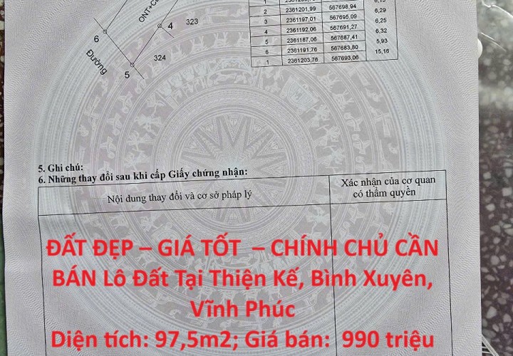 ĐẤT ĐẸP – GIÁ TỐT  – CHÍNH CHỦ CẦN BÁN Lô Đất Tại Thiện Kế, Bình Xuyên, Vĩnh Phúc