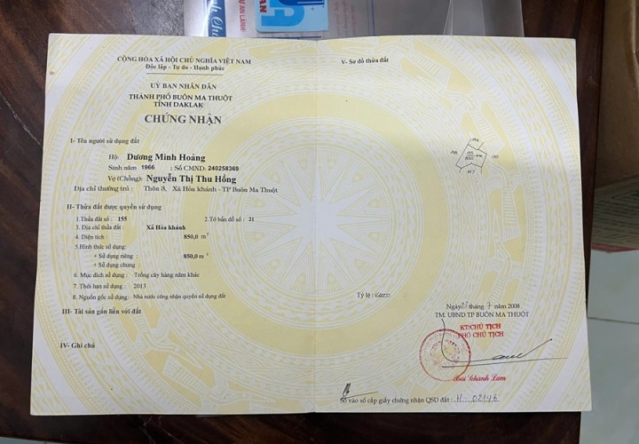 Đất Đẹp - Giá Tốt Chính Chủ  Bán Xã Hoà Khánh Tp Buôn Ma Thuột Đăk Lak