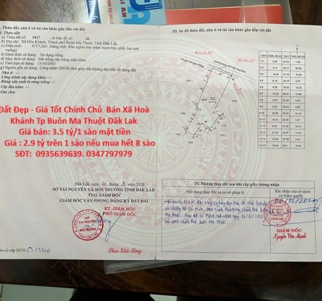 Đất Đẹp - Giá Tốt Chính Chủ Bán Xã Hoà Khánh Tp Buôn Ma Thuột Đăk Lak