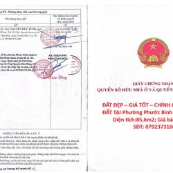 ĐẤT ĐẸP – GIÁ TỐT – CHÍNH CHỦ CẦN BÁN ĐẤT TẠI Phường Phước Bình Quận 9, HCM