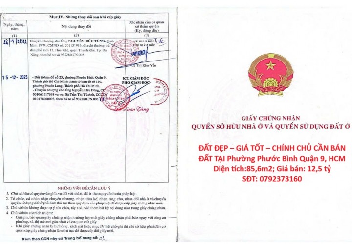 ĐẤT ĐẸP – GIÁ TỐT – CHÍNH CHỦ CẦN BÁN ĐẤT TẠI Phường Phước Bình Quận 9, HCM