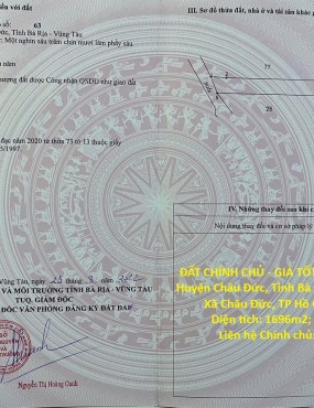 ĐẤT CHÍNH CHỦ - GIÁ TỐT Địa Chỉ Xã Xà Bang, Huyện Châu Đức, Tỉnh Bà Rịa Vũng Tàu