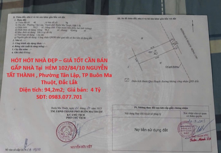 HÓT HÓT NHÀ ĐẸP – GIÁ TỐT CẦN BÁN GẤP NHÀ Tại  Phường Tân Lập, TP Buôn Ma Thuột, Đắc Lắk