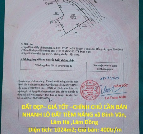 ĐẤT ĐẸP– GIÁ TỐT –CHÍNH CHỦ CẦN BÁN NHANH LÔ ĐẤT TIỀM NĂNG xã Đinh Văn Lâm Hà ,Lâm Đồng