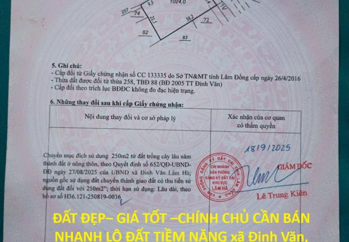 ĐẤT ĐẸP– GIÁ TỐT –CHÍNH CHỦ CẦN BÁN NHANH LÔ ĐẤT TIỀM NĂNG xã Đinh Văn Lâm Hà ,Lâm Đồng