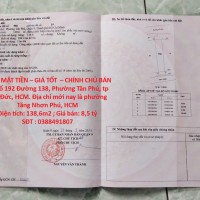 ĐẤT 2 MẶT TIỀN – GIÁ TỐT  – CHÍNH CHỦ BÁN Tại Số 192 Đường 138, Phường Tân Phú, tp Thủ Đức, HCM