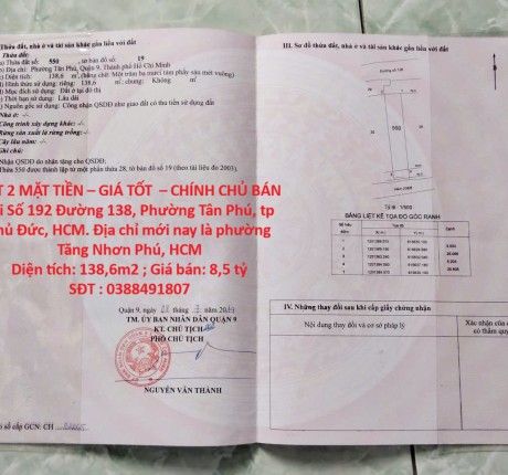 ĐẤT 2 MẶT TIỀN – GIÁ TỐT – CHÍNH CHỦ BÁN Tại Số 192 Đường 138, Phường Tân Phú, tp Thủ Đức, HCM