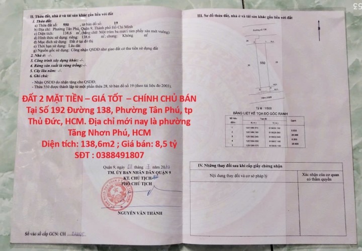 ĐẤT 2 MẶT TIỀN – GIÁ TỐT  – CHÍNH CHỦ BÁN Tại Số 192 Đường 138, Phường Tân Phú, tp Thủ Đức, HCM