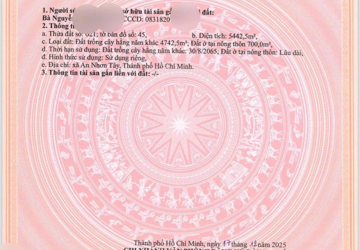 ĐẤT ĐẸP– GIÁ TỐT–CHÍNH CHỦ CẦN BÁN ĐẤT 3 MẶT TIỀN Đường Đào Thị Thơm, Xã An Nhơn Tây, Củ Chi, TP.HCM