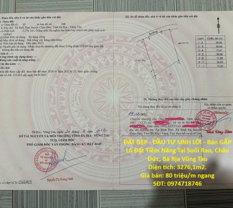 ĐẤT ĐẸP - ĐẦU TƯ SINH LỜI - Bán GẤP Lô Đất Tiềm Năng Tại Suối Rao, Châu Đức, Bà Rịa Vũng Tàu