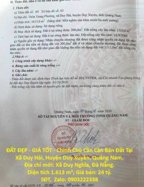ĐẤT ĐẸP - GIÁ TỐT - Chính Chủ Cần Cần Bán Đất Tại Xã Duy Hải, Huyện Duy Xuyên, Quảng Nam.