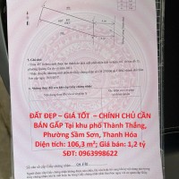 ĐẤT ĐẸP – GIÁ TỐT  – CHÍNH CHỦ CẦN BÁN GẤP Tại khu phố Thành Thắng, Phường Sầm Sơn, Thanh Hóa